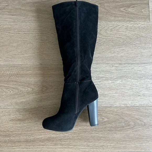 New Women Black Boots Platform Thigh High Chunk Heel Tall Faux Suede Boots - Picture 3 of 4